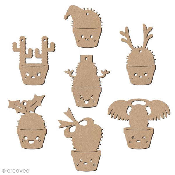 Set de formes en bois à décorer - Cactus de Noël - 7 pcs - Photo n°1