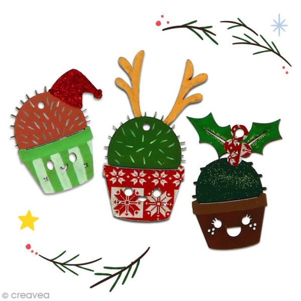 Cactus de Noël en bois à décorer - Cactus bonnet de Noël - 6 cm - 1 pce - Photo n°4