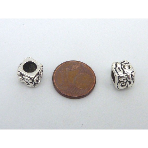R-5 Perles Cube, Facette 9,4mm En Métal Argenté Ouvragé À Gros Trou 4,8m - Photo n°3