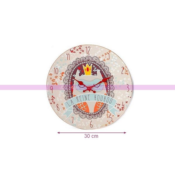 Pendule murale Fleurie imprimée Hibou la reine houhou, diam. 30cm, Horloge Windsor à piles en carton - Photo n°1