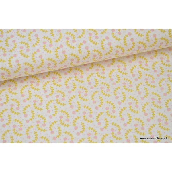 Popeline coton imprimé petites fleurs moutarde et rose .x1m - Photo n°1