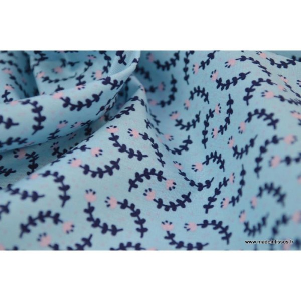 Popeline coton imprimé petites fleurs bleu et rose .x1m - Photo n°4
