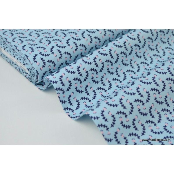 Popeline coton imprimé petites fleurs bleu et rose .x1m - Photo n°1