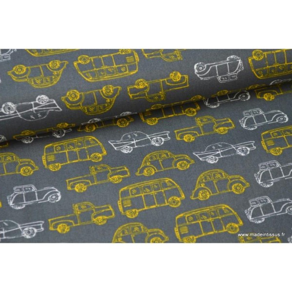 Popeline coton imprimé vieilles voiture gris et jaune .x1m - Photo n°1