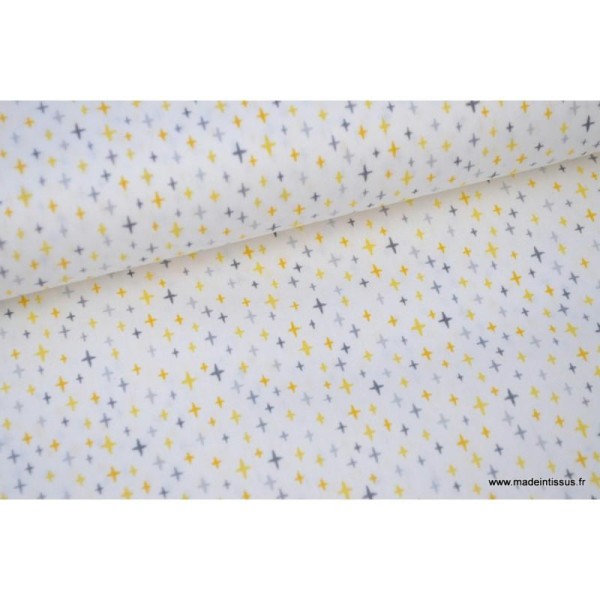 Popeline coton Pluie de croix blanc, gris et moutarde .x1m - Photo n°1