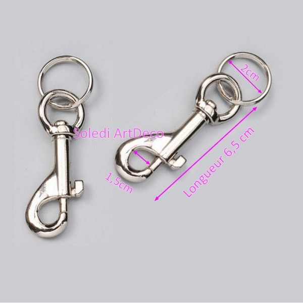 Lot de 2 Porte-clefs Mousqueton, avec anneau, Longueur 6,5cm, Couleur Argent, Nickelé - Photo n°1