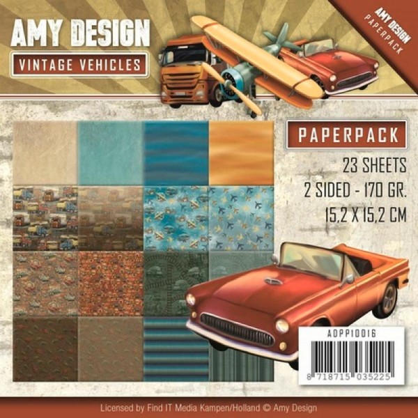 Bloc de 23 papiers 15,2 x 15,2 cm Amy Design VINTAGE VEHICLES - Photo n°1