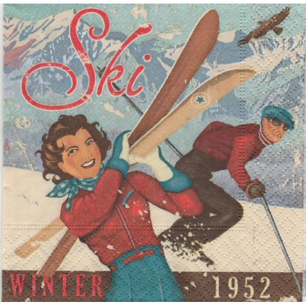 4 Serviettes en papier Ski Hiver 1952 Format Lunch - Photo n°1