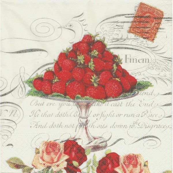 4 Serviettes en papier Fraises et Roses Format Lunch - Photo n°1