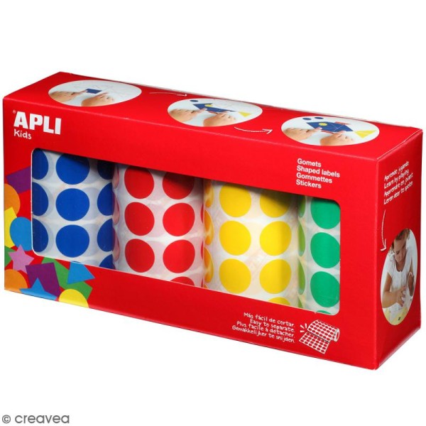 Pack de 4 rouleaux de gommettes rondes - Bleu, rouge, vert, jaune - 20 mm - 4 x 1 770 pcs - Photo n°1
