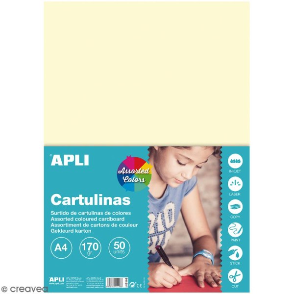 Set papier carton Apli - Couleurs pastel - A4 - 50 pcs - Photo n°1