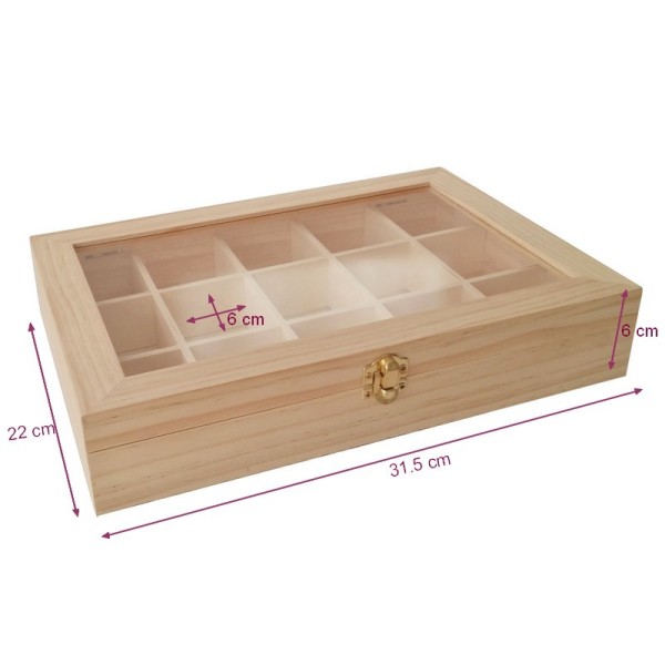Coffret à rangement ou thé en bois avec 15 cases, Boite MDF 31.5x22x6 cm, à customiser tisane - Photo n°1