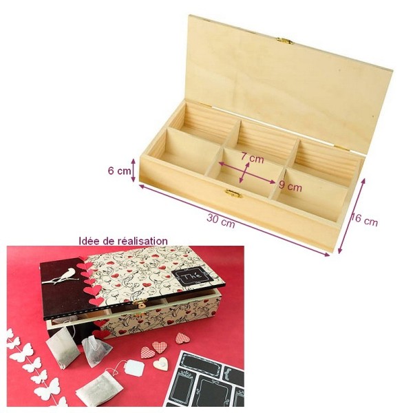 Coffret à rangement ou thé en bois avec 6 cases, Boite MDF 30x16x6  cm, à customiser tisane - Photo n°1
