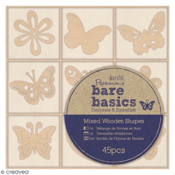 Formes en bois Bare Basics - Fleurs & Papillons - 2 cm - 45 pcs - Photo n°1
