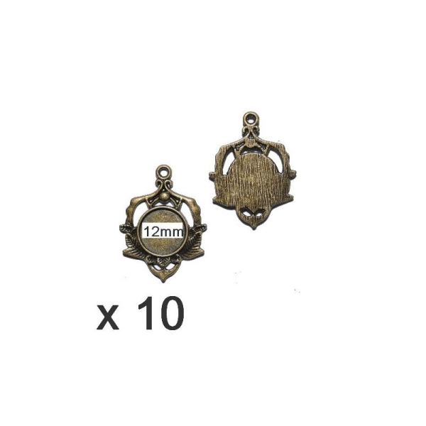 10 Supports Pendentif Fantaisie Bronze Mod08 Pour Cabochon 12mm - Photo n°1