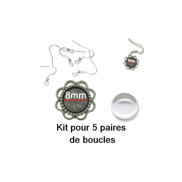 Kit 5 Paires Boucles D'oreilles Avec Cabochon Verre 8mm - Photo n°1