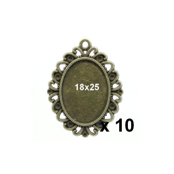 10 Supports Pendentif Bronze Ovale Fantaisie Pour Cabochon 18x25mm X10 - Photo n°1