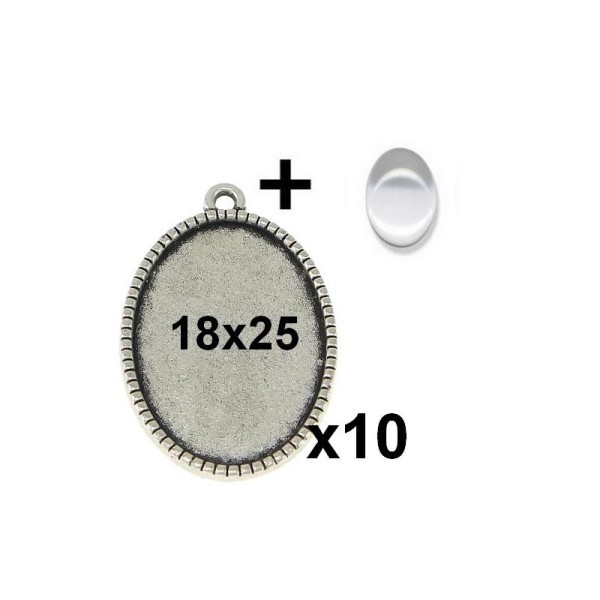 10 Supports Cabochon Pendentif Medaille Argent Avec Cabochons 18x25mm - Photo n°1