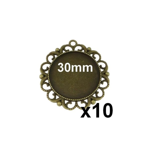 10 Supports 30mm Pendentif Cabochon Bronze Rond Fantaisie Pour M456 - Photo n°1