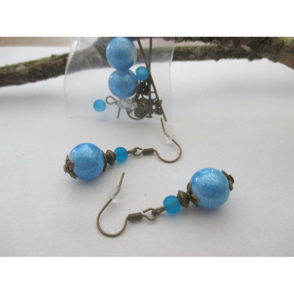 Kit boucles d'oreilles bronze et perles bleues brillantes - Photo n°1