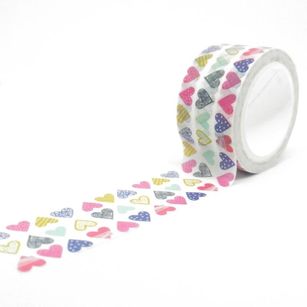 Washi Tape large trois lignes de coeurs colorés 5Mx20mm multicolore - Photo n°1