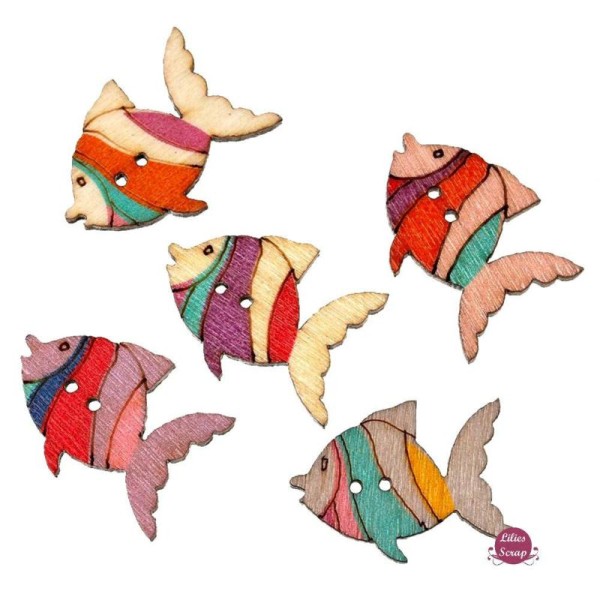 8 Boutons en bois poissons multicolores 2,5 cm - 2 trous - Photo n°1