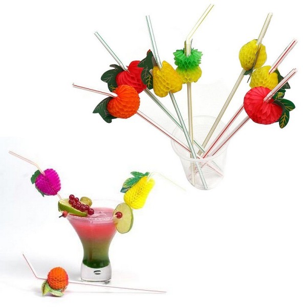 Lot de 12 Pailles flexibles rayées Fruits 3D cocktail, longueur 24 cm, pour anniversaire ou soirée - Photo n°1