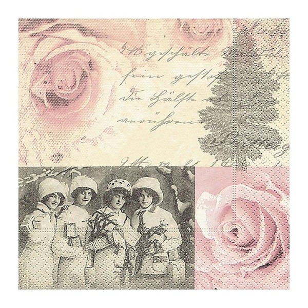 Lot de 20 Serviettes en papier Vintage 4 filles et Roses, 33cm x 33cm - Photo n°1