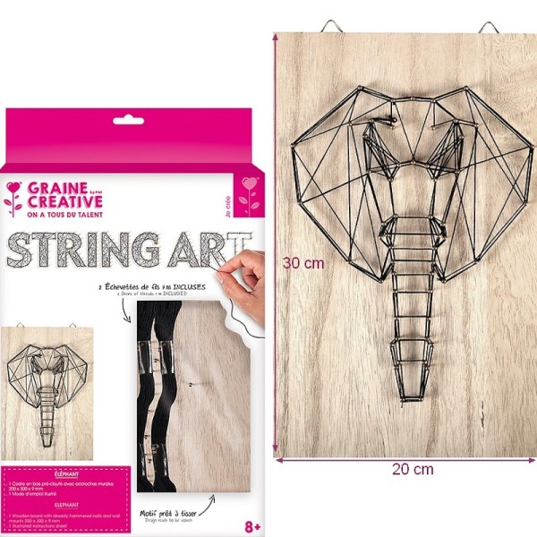 Kit Tableau string art Elephant, clous et fils, dim. 20 x 30 x 0.9 cm, à accrocher - Photo n°1