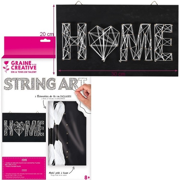 Kit Tableau string art Home noir rectangle, clous et fils, dim. 30 x 20 x 0.9 cm, à susprendre - Photo n°1