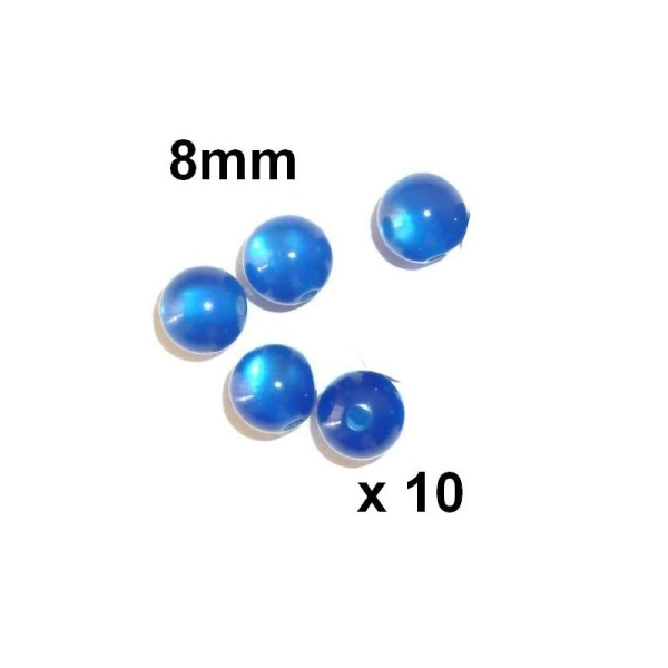 10 Perles Rondes 8mm BLEUE Resine Oeil De Chat - Photo n°1