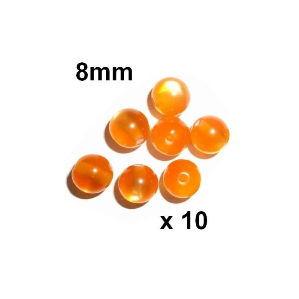 10 Perles Rondes 8mm Orange Resine Oeil De Chat - Photo n°1