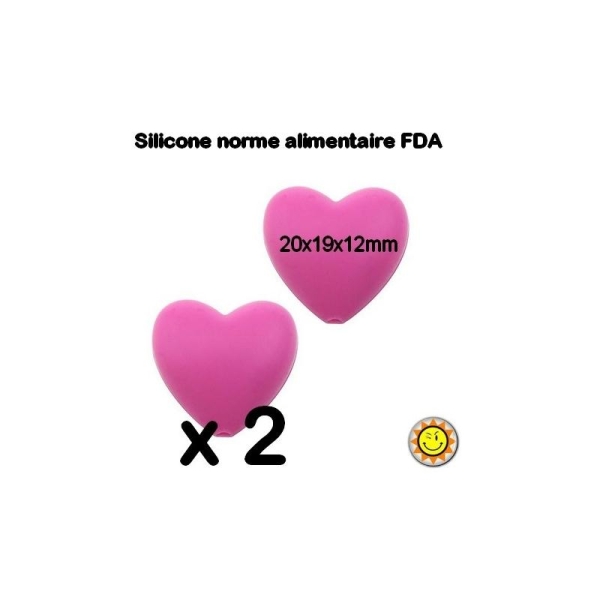 X2 Perles Silicone Coeur 20mm Fushia Normes Alimentaire Dentition - Photo n°1