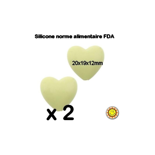 X2 Perles Silicone Coeur 20mm Jaune Clair Normes Alimentaire Dentition - Photo n°1