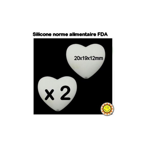 X2 Perles Silicone Coeur 20mm Blanc Normes Alimentaire Dentition - Photo n°1