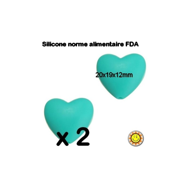X2 Perles Silicone Coeur 20mm Turquoise Normes Alimentaire Dentition - Photo n°1