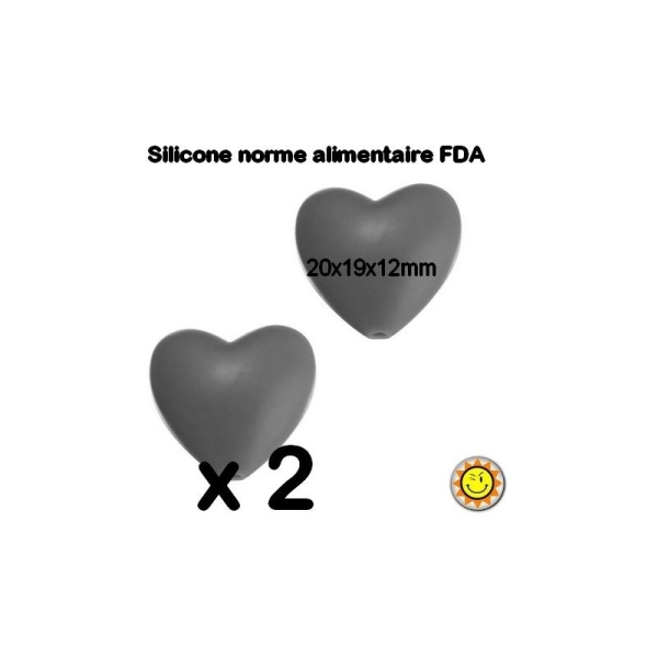 X2 Perles Silicone Coeur 20mm Gris Normes Alimentaire Dentition - Photo n°1