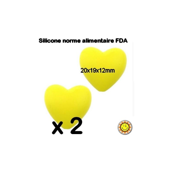 X2 Perles Silicone Coeur 20mm Jaune Normes Alimentaire Dentition - Photo n°1