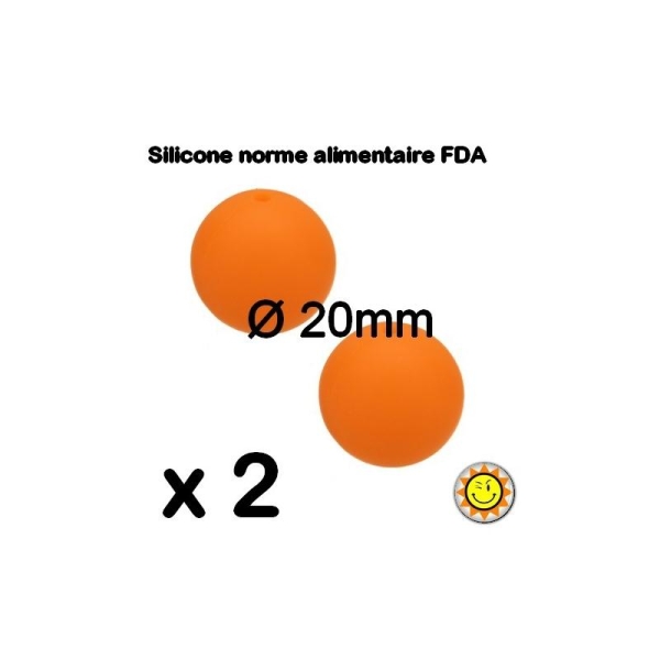 X2 Perles Silicone Rondes 20mm Orange Normes Alimentaire Dentition - Photo n°1