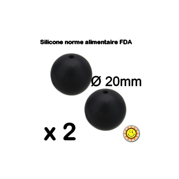X2 Perles Silicone Rondes 20mm Noir Normes Alimentaire Dentition - Photo n°1