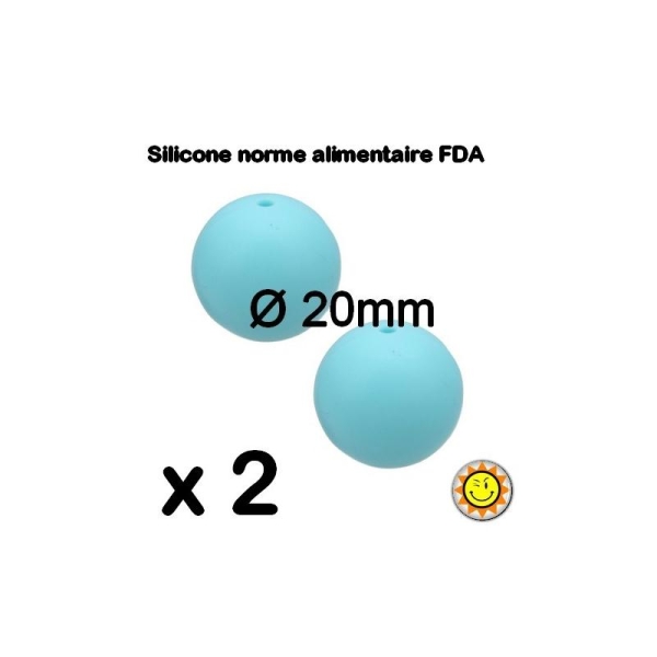 X2 Perles Silicone Rondes 20mm Bleu Normes Alimentaire Dentition - Photo n°1