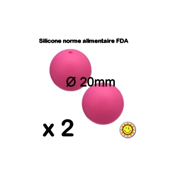 X2 Perles Silicone Rondes 20mm Fushia Rose Normes Alimentaire Dentition - Photo n°1