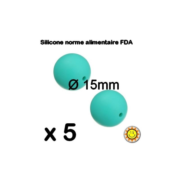 X5 Perles Silicone Rondes 15mm Turquoise Normes Alimentaire Dentition - Photo n°1