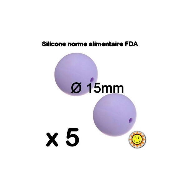 X5 Perles Silicone Rondes 15mm Parme Normes Alimentaire Dentition - Photo n°1