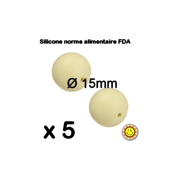 X5 Perles Silicone Rondes 15mm Jaune Clair Normes Alimentaire Dentition - Photo n°1