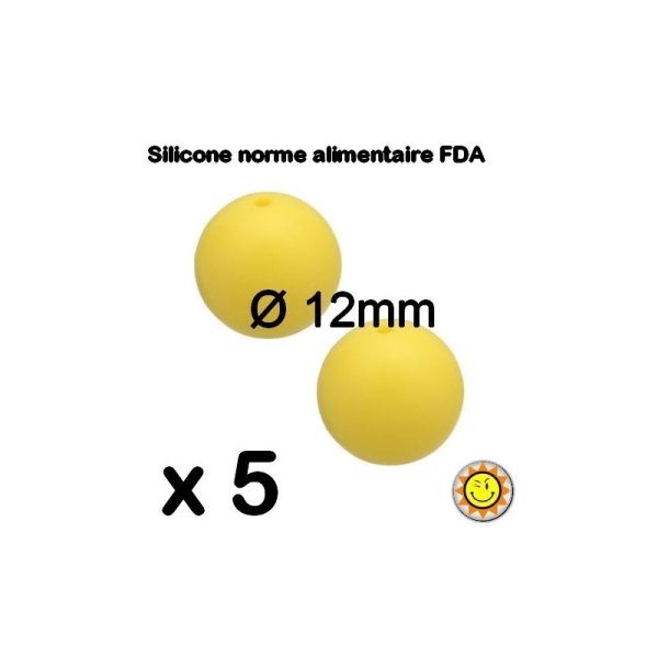 X5 Perles Silicone Rondes 12mm Jaune Normes Alimentaire Dentition - Photo n°1