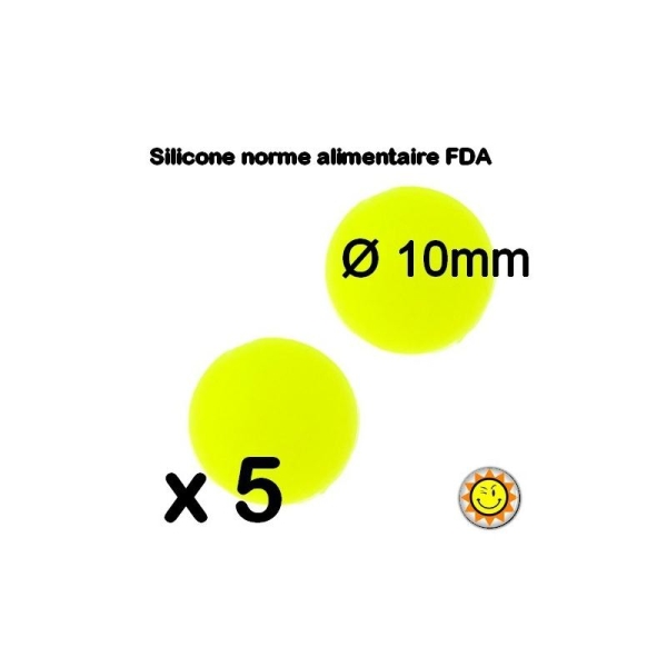 X5 Perles Silicone Rondes 10mm Jaune Fluo Normes Alimentaire Dentition - Photo n°1