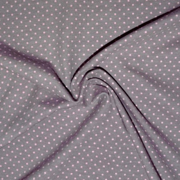 Tissu jersey coton-élasthanne taupe imprimé pois roses (par multiple de 20cm) - Photo n°2