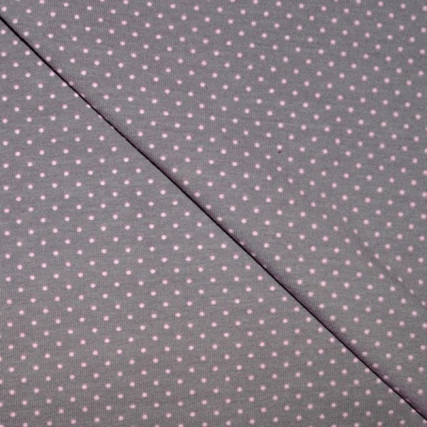 Tissu jersey coton-élasthanne taupe imprimé pois roses (par multiple de 20cm) - Photo n°1