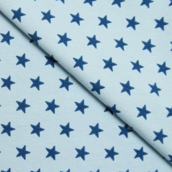 Tissu jersey coton-élasthanne bleu ciel imprimé étoiles bleu pétrole (par multiples de 20cm) - Photo n°1